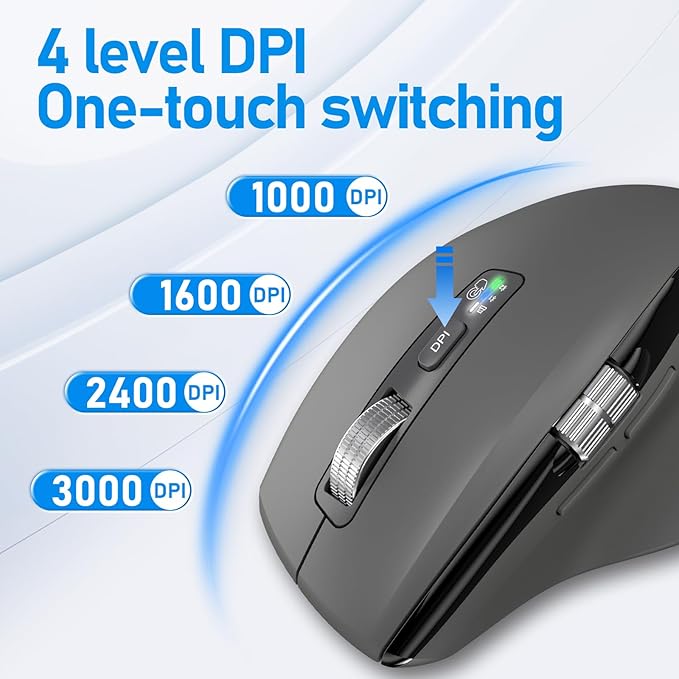 Wireless Side Scroll Mouse with Multi-Device Ergonomic Computer Mice with Smart Flying Scroll Quiet Click 4-Level DPI for Computer Laptop iPad Tablet MacBook (Grey)