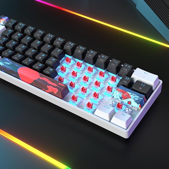 Protable 60% Percent Gaming Keyboard Mechanical Mini Compact Ice-Blue LED Backlit 61 Keys Wired Office Keyboard with Red Switch for Mac/Win/PS4/PS5(61Black/red Switch)