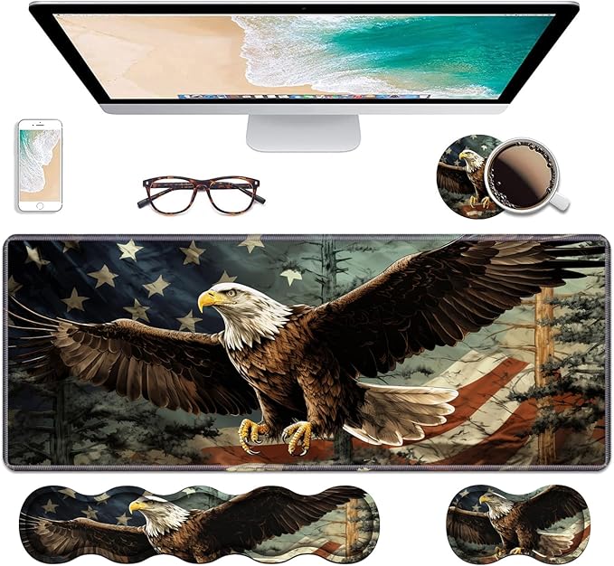 Ergonomic Keyboard Wrist Rest &amp Mouse Pad Wrist Rest SetLarge Gaming Desk Mat 31.5x 11.8 with Non-Slip BaseMemory FoamEasy Typing Pain Relief for Home &amp OfficePatriotic American Flag Bal