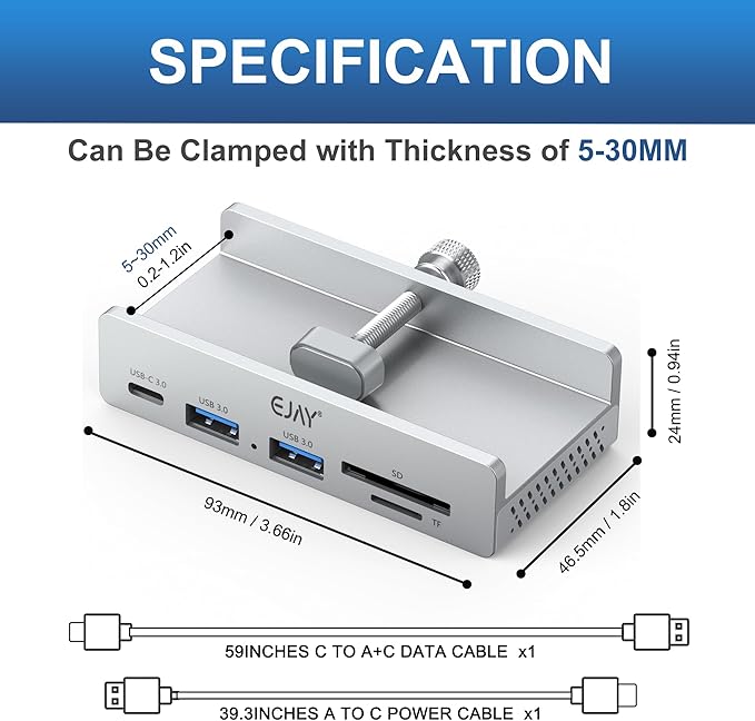 EJAY 5Ports USB3.0 HUB Alu Splitter Desktop Docking with Card Reader for Desk/Monitor Clipping with Extra Power Supply Port59inches Data &amp 39inches Power Cable-5Gbps(Silver)