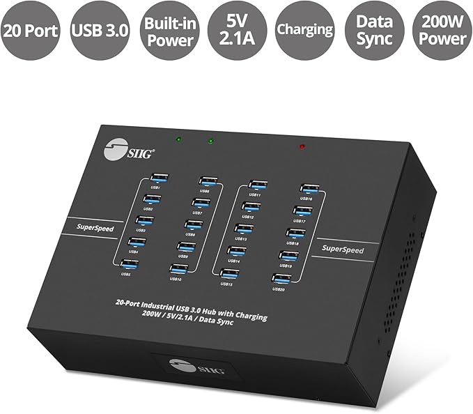 SIIG 20-Port Industrial USB 3.0 Hub with Charging - 200W 5Gbps with 5V/2.1A per Port Powered Multiport Hub Expander for Laptop Tablets Cellphone External HDD Keyboard and Mouse (ID-US0611-S1)