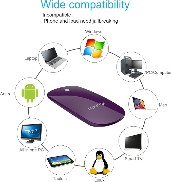 FENIFOX Bluetooth Mouse Mini Ultra-Thin Portable Mobile Optional Mice Rechargeable Compatible with PCLaptopAndroid Tablet (Purple)