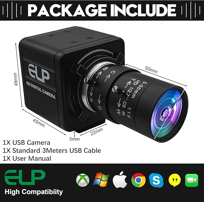 ELP Global Shutter USB Webcam - 1080P 90fps Manual Zoom Variable Focus AR0234 Close-up Camera for Laptop