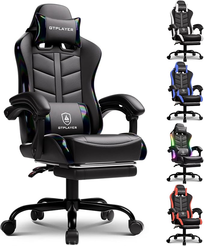 GTPLAYER Gaming Chair with Footrest Computer Gaming Chair for Adults and Kids Height Adjustable Gamer Chair with 90-155° Recline &amp Removable Headrest Lumbar SupportColorful Black