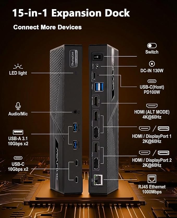 WAVLINK USB-C Triple Monitor Docking Station for MacBook M1/M2/M3/M4/M5 &amp Windows – 100W PD 3×HDMI/2×DisplayPort 6x10Gbps USB Ports Gigabit Ethernet Ideal for Workstation &amp Home Office