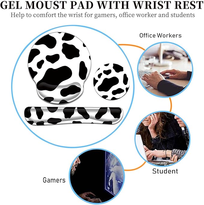 Keyboard Wrist Rest and Mouse Pad Wrist Support Set with CoastersErgonomic Gaming Mousepad for Home Office Working Studying Easy Typing &amp Pain ReliefCow Print