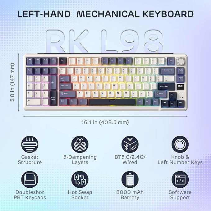 RK ROYAL KLUDGE L98 Wireless Mechanical Keyboard w/Left-Handed Southpaw Design Numpad &amp Hot Swappable Knob Tri-Mode 95% Keyboard BT/2.4G/USB-C Pro Software Gasket Mount Massive 8000mAh Battery