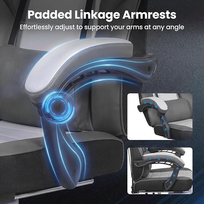 Giantex Gaming Chair Ergonomic Video Game Chair w/Footrest Lumbar Support Headrest Reclining Backrest &amp Linkage Armrests Height Adjustable 360° Swivel Computer Desk Chair for Home Office (Gre