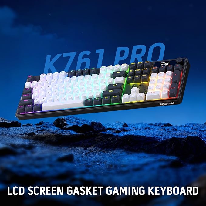 Redragon K761 Wireless Gasket Gaming Keyboard w/Hype Screen &amp Knob 104 Keys Mechanical Keyboard Easy-Control 1.26’ TFT Info Display 5-Layer Noise Dampening Custom Linear Switch Abyssal Blue