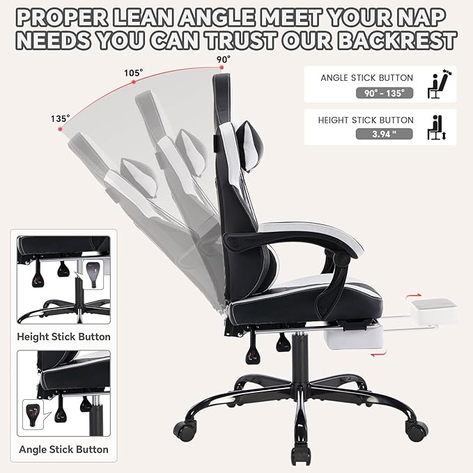 Gaming Chair with Footrest Ergonomic Gamer Chair with Adjustable Lumbar Support &amp Headrest Computer Chair for Adults High Back Video Game Chairs for Home Office PC Gaming Chair (Black)
