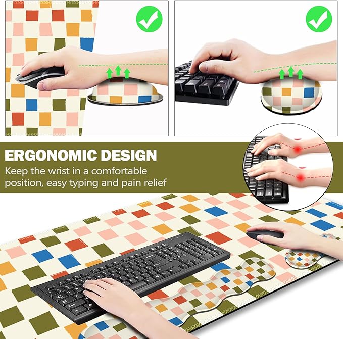 ARTSO Large Mouse Pad with Keyboard Wrist Pad and Mouse Wrist Pad Set Ergonomic Computer Desk Wrist Support Mousepad for Keyboard and Mouse-Vintage Color Plaid