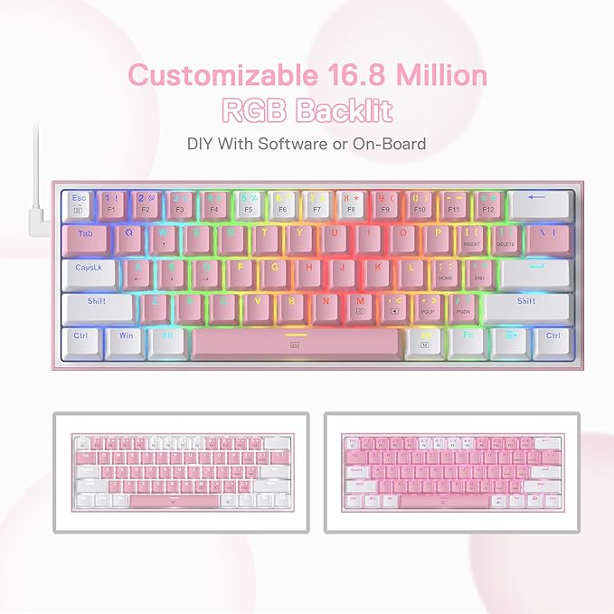 Redragon K617 Fizz 60% Wired RGB Gaming Keyboard 61 Keys Hot-Swap Compact Mechanical Keyboard w/White and Pink Color Keycaps Linear Red Switch Pro Driver/Software Supported