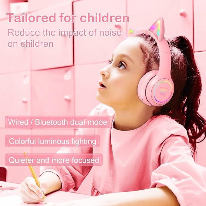Pink Bluetooth Cat Ear Headphones for Kids &amp Adults Wireless &amp Wired Mode Foldable Headset with Mic - Clear Sound Quality - RGB LED Light for Girls School Gaming for Phone/Laptop/PC/Tablet