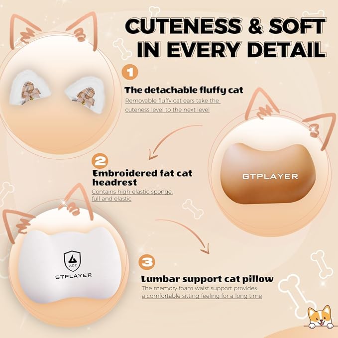 GTPLAYER Gaming Chair Cute with Cat Ears Ergonomic Computer Chair with Dog Embroidery Adjustable Memory Foam Lumbar Support and Headrest Comfortable Reclining Office Chair for Girls Teens Women