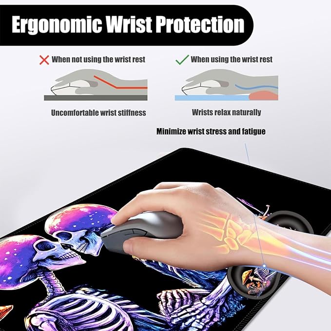 Mouse PadLarge Desk Mat Set 4in1 XL Mousepad + Keyboard Wrist Rest+Mouse Wrist Rest+Coaster with Ergonomic Desk Pad for Home Office Table Computer Cover -Fantasy Skeleton Mushroom