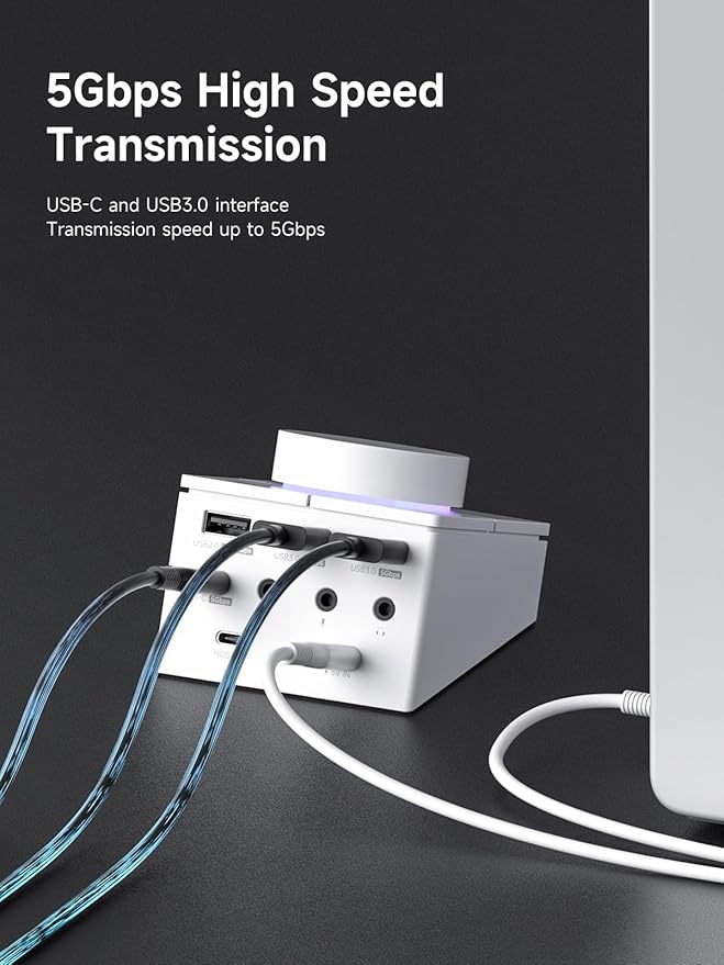 Hagibis Knob USB C Hub with Shortcut Buttons RGB Type-C Docking Station with 5Gbps USB-C 2 USB3.0 3.5mm Jack SD/Micro SD3.0 USB2.0 for MacBook iPad Pro Laptop (White AG)
