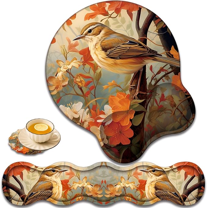 Keyboard Wrist Rest and Mouse Pad Wrist Support with Lace-Shaped Coaster Set Ergonomic Gel Memory Foam and Anti-Slip Base Easy Typing and Pain Relief - Larks Among Flowers