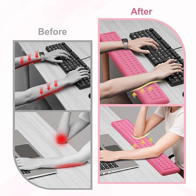 Leolee L-Shaped Desk Long Wrist Rest Elbow 60CM Pink Memory Foam Arm Rest for Desk with Non-Slip Base Ergonomic Desk Edge Cushion Wrist Support for Computer Keyboard Typing Office Home