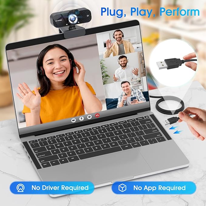 2K HD Webcam with Wide Angle Lens Privacy CoverAuto Light Correction and Noise-Canceling Mic Plug &amp Play USB Camera for Mac/Laptop/PC Compatible with Zoom Skype Teams