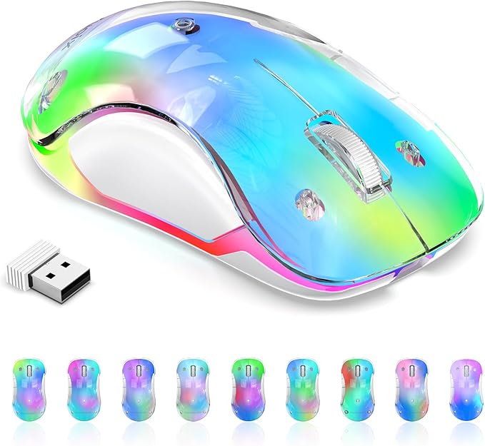 memzuoix 2.4G Wireless Mouse with Customizable Cover &amp 9-Color LED - Rechargeable Ergonomic 1400 DPI 5 Buttons USB Receiver for PC/Mac - Blue