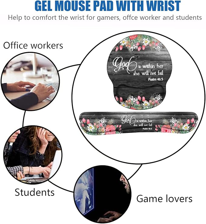 Keyboard Wrist Rest and Mouse Pad Wrist Support Set with Coasters Ergonomic Gaming Mousepad for Home Office Working Studying Easy Typing &amp Pain Relief Floral Quote Bible Verse Psalm 46:5