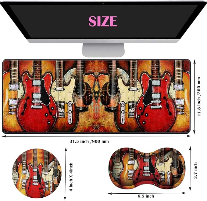 Extended Gaming Mouse Pad Desk Pad Keyboard Pad Mouse Wrist Rest and Coaster Anti-Slip Rubber Base Mouse Pad Suitable for Gaming and Office Guitar