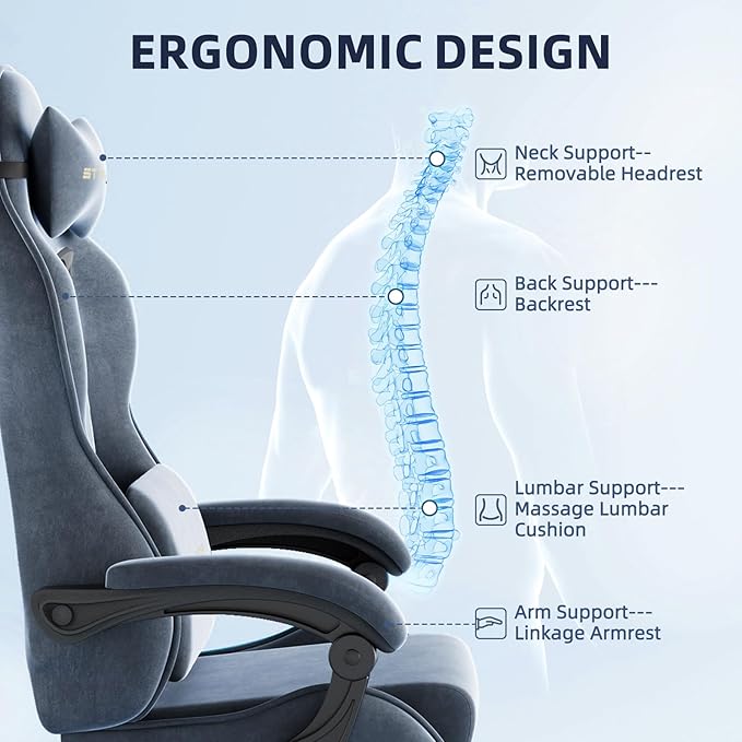 Ferghana Velvet Fabric Gaming Chair High Back Ergonomic Gamer Chair for Adult Comfortable Video Game Chair with Footrest and Massage Lumbar Cushion Racing Reclining Office Computer Desk Chair Grey