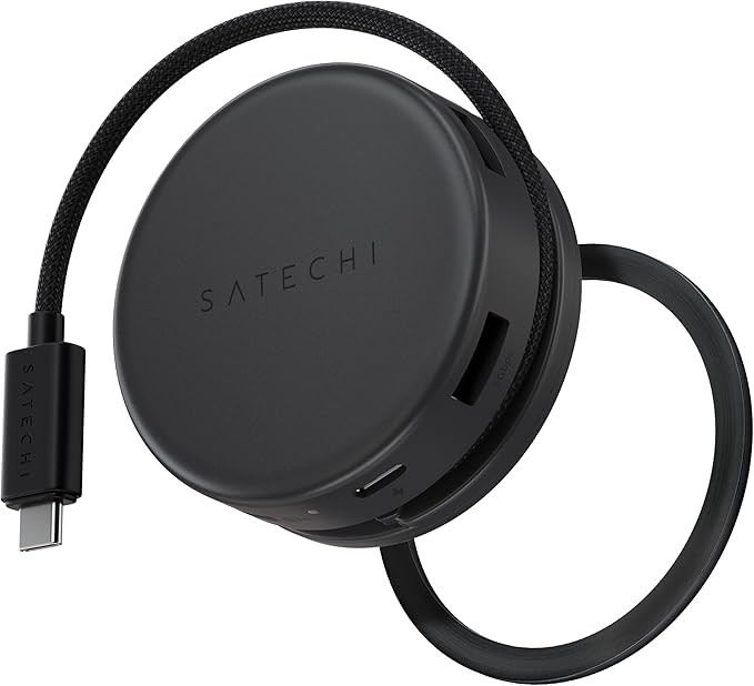 Satechi OntheGo™ 7-in-1 USB-C Hub Compact Magnetic Multiport Adapter 100W PD HDMI 4K/60Hz Gigabit Ethernet 2×USB-A 5Gbps SD/microSD Reader Coiled Cable for Mac &amp Windows – Space Black