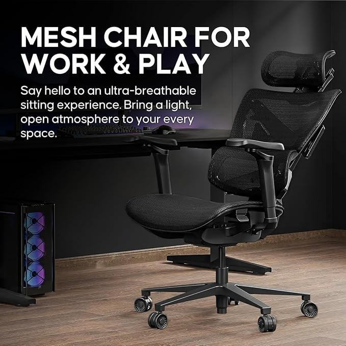 Anda Seat X-Air Ergonomic Gaming Chair - Breathable All-Mesh Office Chair with 4D Adjustable Armrests Lumbar Support &amp Headrest - 265 lbs Max Space Black