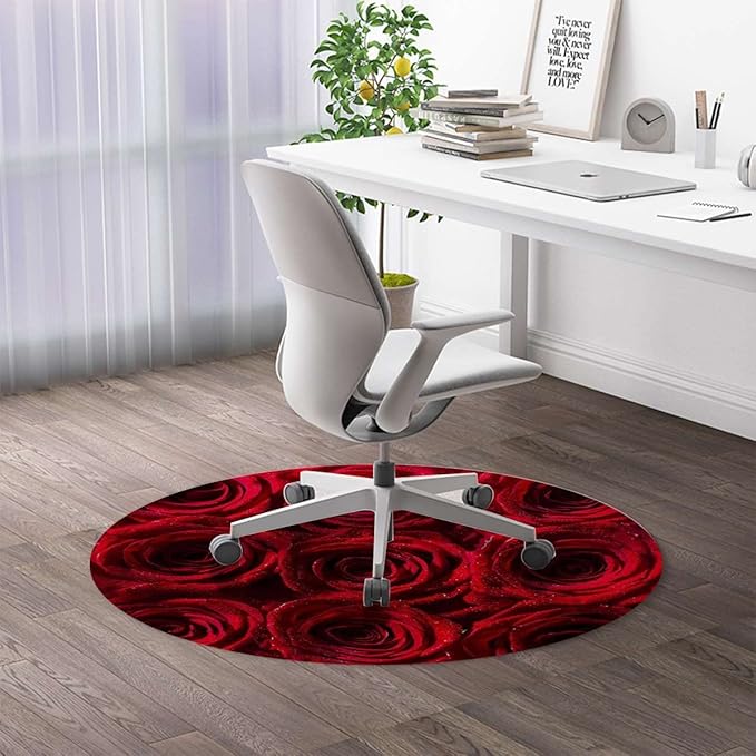 Red Black PU Leather Carpet for Hard Wood &amp Tile Floor Roses Bouqet of Affection Chair Rugs Floor Protectors Mat Computer Chair Mat for Rolling Chair Dark Red Image Diameter 35.4 in