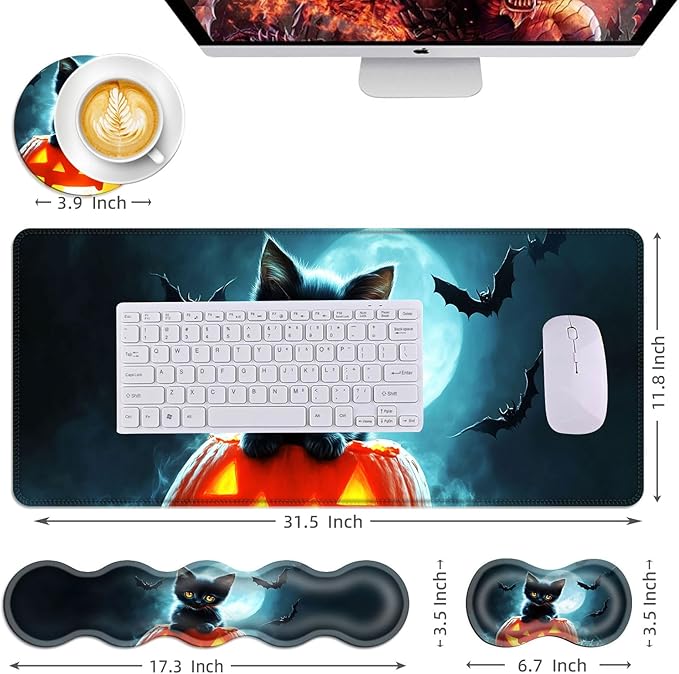 Mouse PadLarge Desk Mat Set 4in1 XL Mousepad + Keyboard Wrist Rest+Mouse Wrist Rest+Coaster with Ergonomic Desk Pad for Home Office Table Computer Cover -Halloween Kitten and Bats