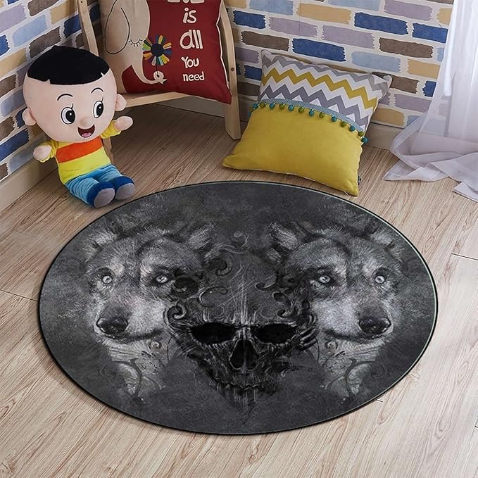 Grey BlackRound Area Rug Abstract Skull Figure Between Two Canine Animals Hardwood Floor Multi-Purpose Soft Mats for Gaming Rolling Chair/Living Room/Study Wolf Diameter 43.3 in