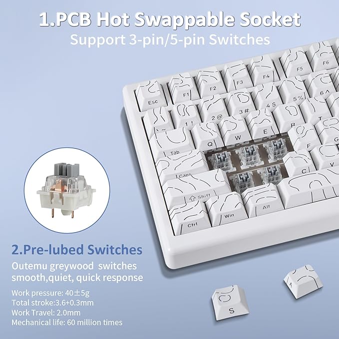 HUO JI 75% Wireless Mechanical Gaming Keyboard Bluetooth/2.4G/USB Wired Creamy Sound RGB Backlit Hot Swappable Pre-lubed Linear Switches Volume Knob Custom Gasket Structure for Win/Mac White