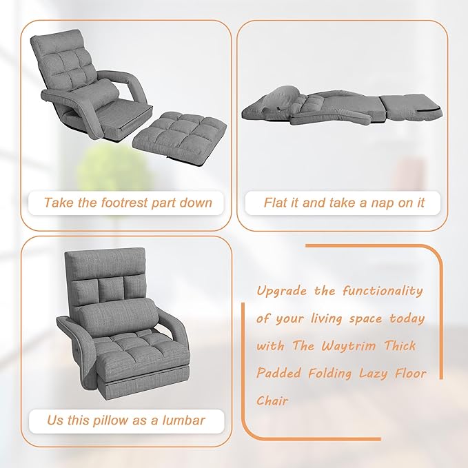 Floor Gaming Chair with 6 Adjustable Position Foldable Lazy Sofa Chair with Armrest for Adult Comfy Chaise Lounge Indoor Breathable Floor Bed Sleeper for Bedroom Yoga Dorm