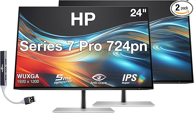 HP Series 7 Pro 724pn 24 WUXGA IPS Monitor with 5ms Response Time Anti Glare Flicker Free VESA Mount (100mm) Displayport HDMI &amp Dockztorm USB Port Expander Black/Silver (8X534AA#ABA) 2 Pack