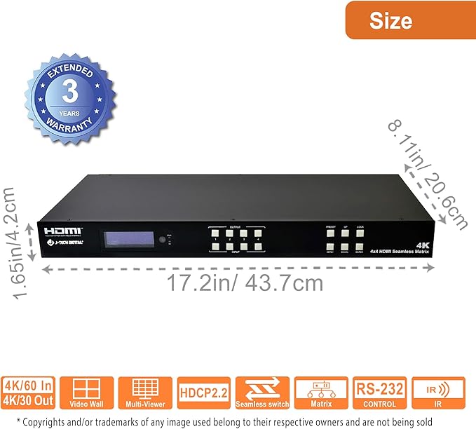 J-Tech Digital 4k 2x2 4K60Hz HDMI Video Wall Controller Multiviewer Seamless Switch Matrix | 4K60Hz Input and 4K30Hz Output Supports HDMI HDCP RS-232 LAN Downscale &amp Upscale Web Control