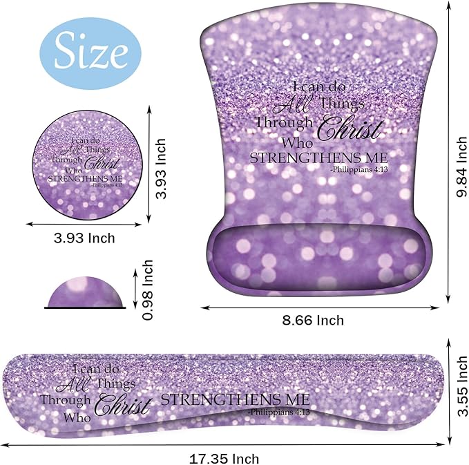 Keyboard Wrist Support + Wrist Mousepad + Coaster Combination Non-Slip PU Base with Gel Memory Mousepad Suitable for Gaming Office Pain Relief Mousepad Set - Purple Glitter Quote Philippians 4-13