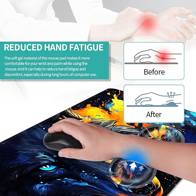Keyboard Mouse Pad Set Extended Gaming Mouse Pad+Ergonomics Keyboard Wrist Rest Support Memory Foam Easy Typing Pain Relief 4Pcs XL Ultra Thick Desk MatFire and Ice Wolf