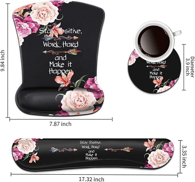 Keyboard Wrist Rest Pad and Ergonomic Mouse Pad Wrist Support Set Peony Flower Stay Positive Work Hard and Make It Happen for Gaming Office Comfortable and Pain Relief with Coaster Set