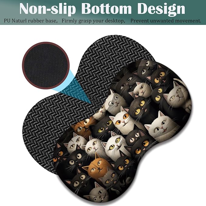 Large Game Mouse Pad + Wrist Support Pad + Coffee Coaster Desk Pad with Sewn Edges Anti-Slip Set pad Suitable for Office Work and Home - A Group of Cats