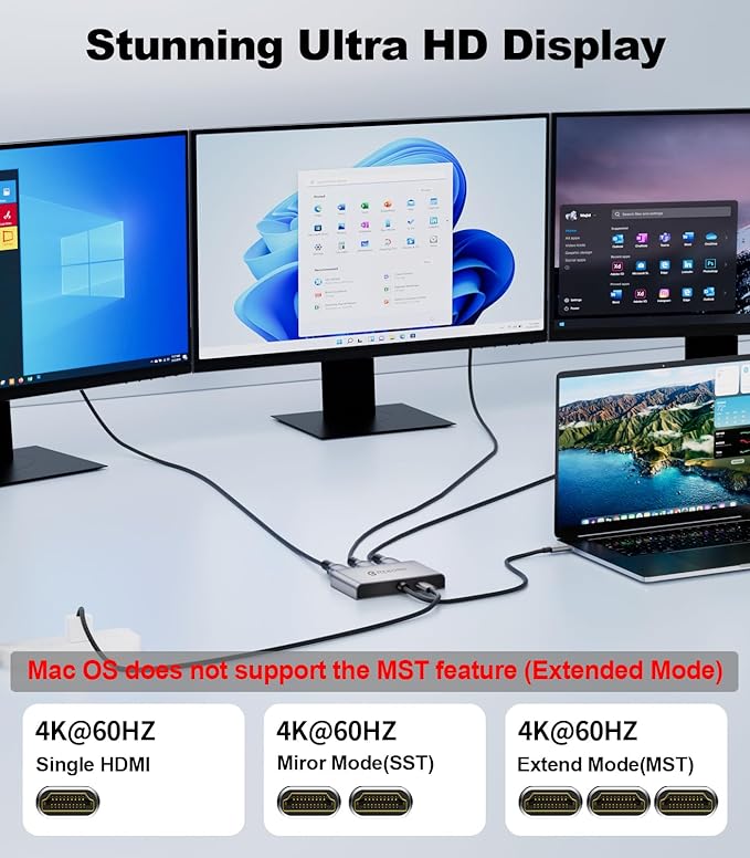 USB C to 3 HDMI Adapter with 100W PD Charging Triple 4K60Hz Monitor Extender for Dell/Surface Pro/HP HDMI Splitter Extended Display Hub Plug &amp Play Laptop Multi-Screen Adapter