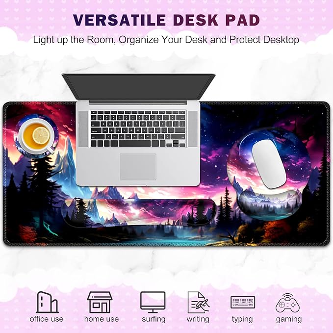 Gaming Mouse Pad Large Desk Mat Cute Desk Pad Protector 4in1 XXL Mousepad + Keyboard Wrist Rest+Mouse Wrist Rest+Coaster Set with Ergonomic Desk Pad for Home Office Table Computer Purple Hill