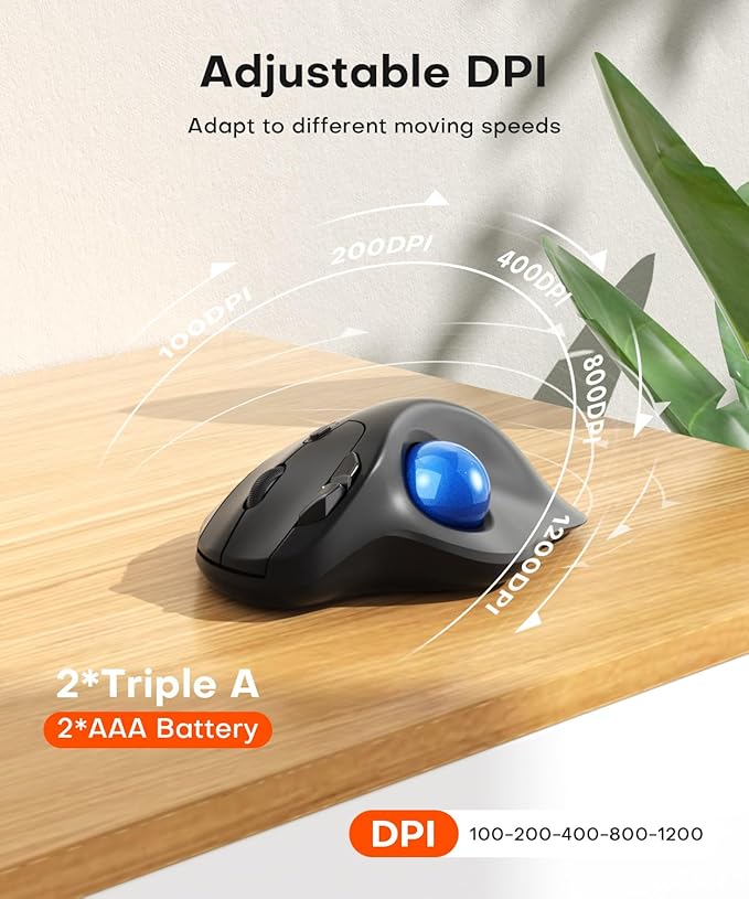 Ergonomic Wireless Trackball Mouse 3 Device Connection (Bluetooth or 2.4G USB Receiver) Bluetooth Quiet Computer Mouse 2*AAA Battery Thumb Laptop Mice with 5 Level DPI for PC/Laptop/Mac/Windows Blue