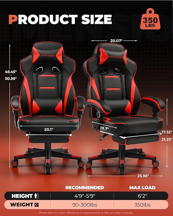 GTPLAYER Gaming Chair with Footrest Big and Tall Game Chair 350lb Racing Style Computer Chair Ergonomic Executive Office Chair High Back with Lumbar Support and Recliner Red