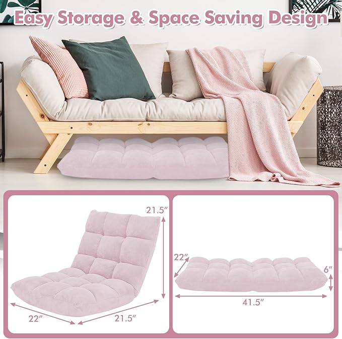 GOFLAME 14-Position Folding Floor Chair Padded Gaming Lazy Sofa Chair with Adjustable Backrest Couch Recliner Sleeper Bed Lounge Chair for Reading Gaming Meditating (Light Pink)