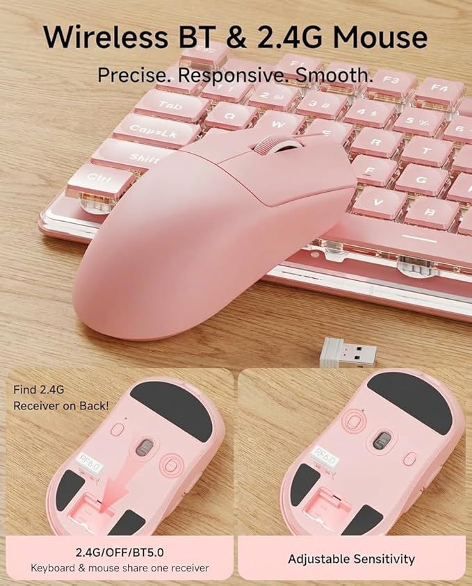 V3 Wireless Keyboard and Mouse with Single Backlit Metal Panel Bluetooth/2.4G Rechargeable Computer Keyboard and Mouse Combo Silent Lighted Full Size Cute Keyboards-Pink