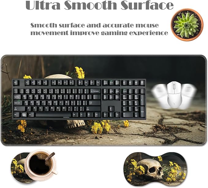 Ergonomic Keyboard Wrist Rest &amp Mouse Pad Wrist Rest SetXL Gaming Desk Mat 31.5x 11.8Non-Slip BaseMemory FoamEasy Typing Pain Relief for Office &amp HomeSkull Wildflowers