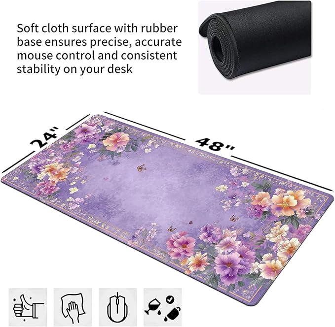 Extra Large Floral Mouse Pad‌ 48 x 24 - Beautiful Flower &amp Butterfly Design XXXL Desk Mat with Non-Slip Base Violet Mousepad Comfortable Keyboard Mat for Gaming &amp Work