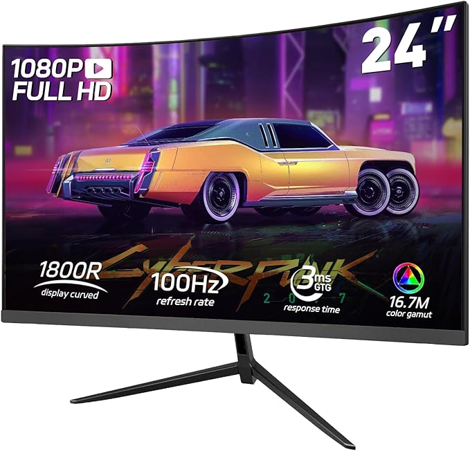 24 Curved Gaming Monitor FHD 1080P 100Hz Refresh Rate 3ms Fast Response FreeSync Eye Protection Display Slim Design with Speakers HDMI/DP VESA Compatible