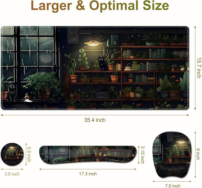 Aesthetic Green Plant Books Mouse Pad with Wrist Support 4 in1 Set XXL Big Game Mousepad + Keyboard Wrist Rest + Mouse Wrist Rest Pad +Coaster Gaming Mat for Work Study I Japanese Anime Lofi Cat